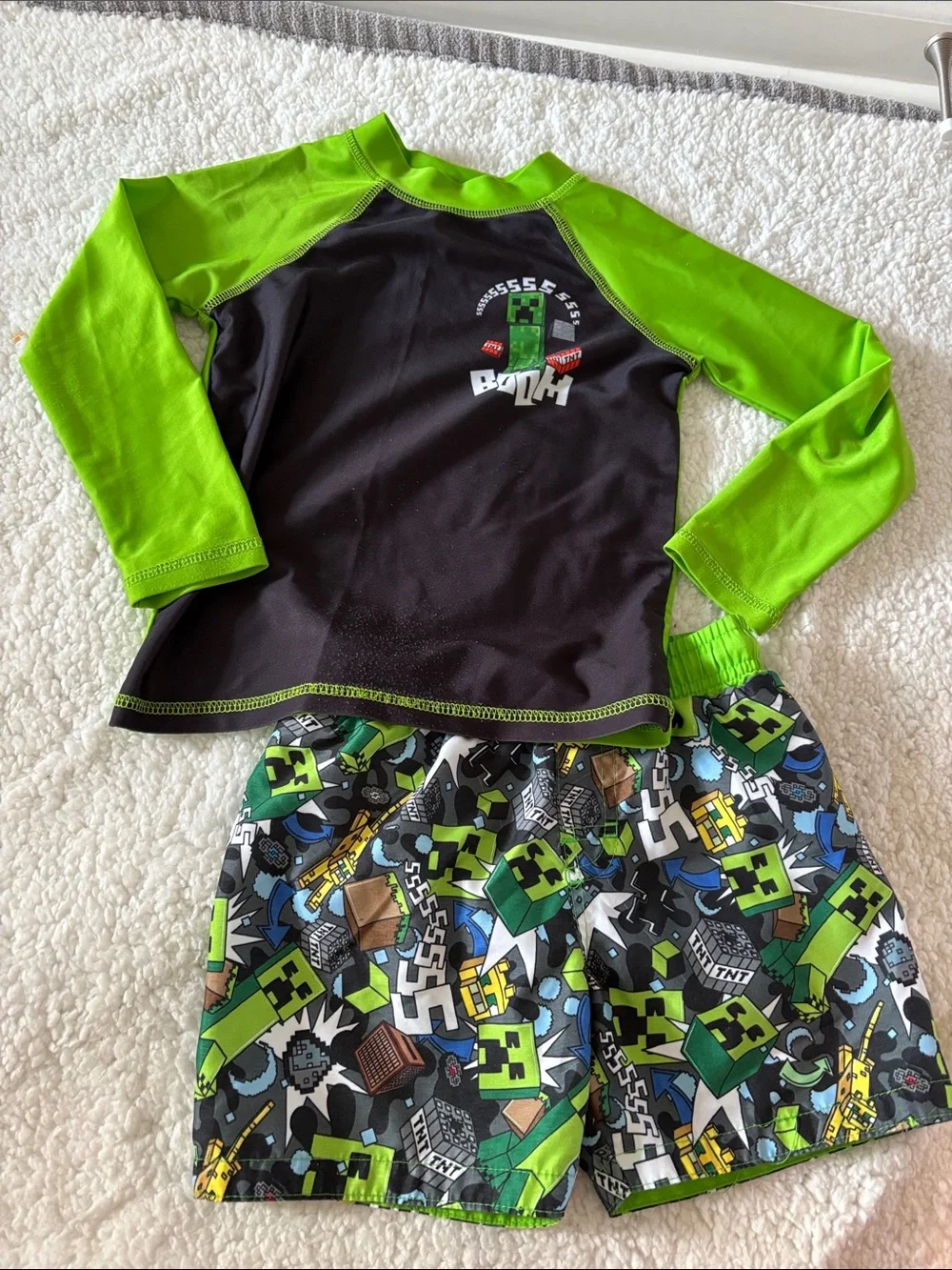 Kids Green & Black Minecraft-Inspired Rashguard Swim Set